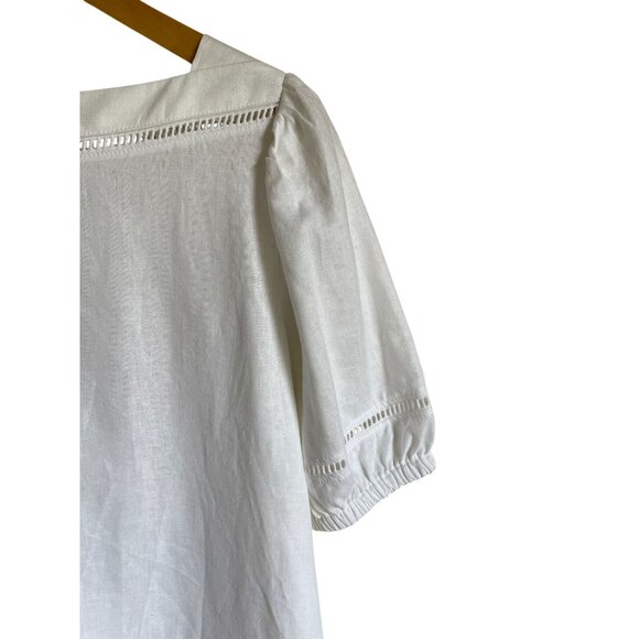 Ann Taylor Factory Size Large Petite White Boat Neck Short Puff Sleeve Linen Ble - Picture 4 of 8
